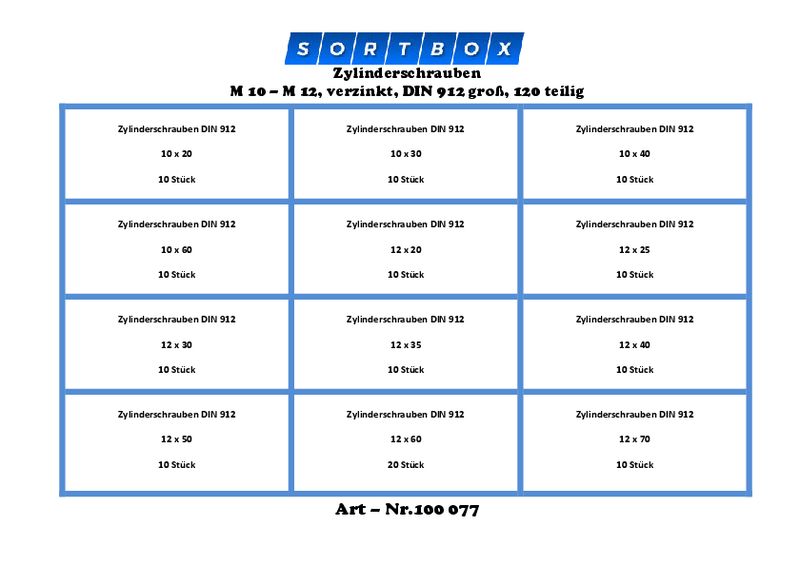 Zylinderschrauben-Sortiment DIN 912 groß, M10+M12 verzinkt, 121-teilig